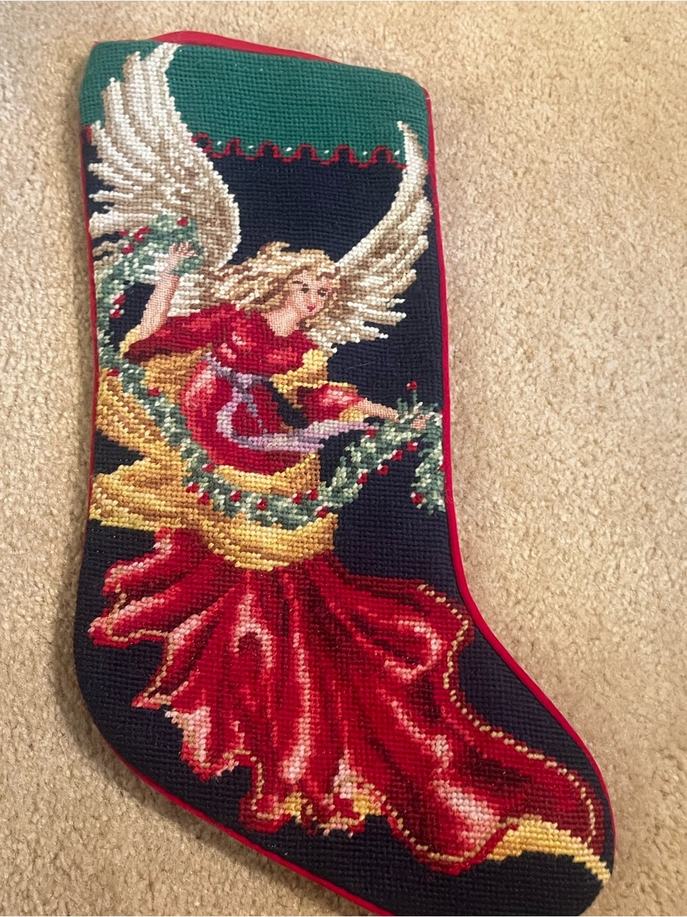 Needlepoint Angel Christmas Stocking Holiday Vintage Look